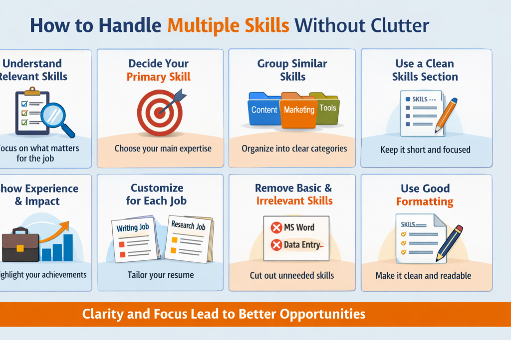 Infographic titled “How to Handle Multiple Skills Without Clutter” showing eight organized tips in two rows with colorful icons like a target, folders, checklist, documents, and briefcase. The design uses blue and orange tones and ends with the message “Clarity and Focus Lead to Better Opportunities.”