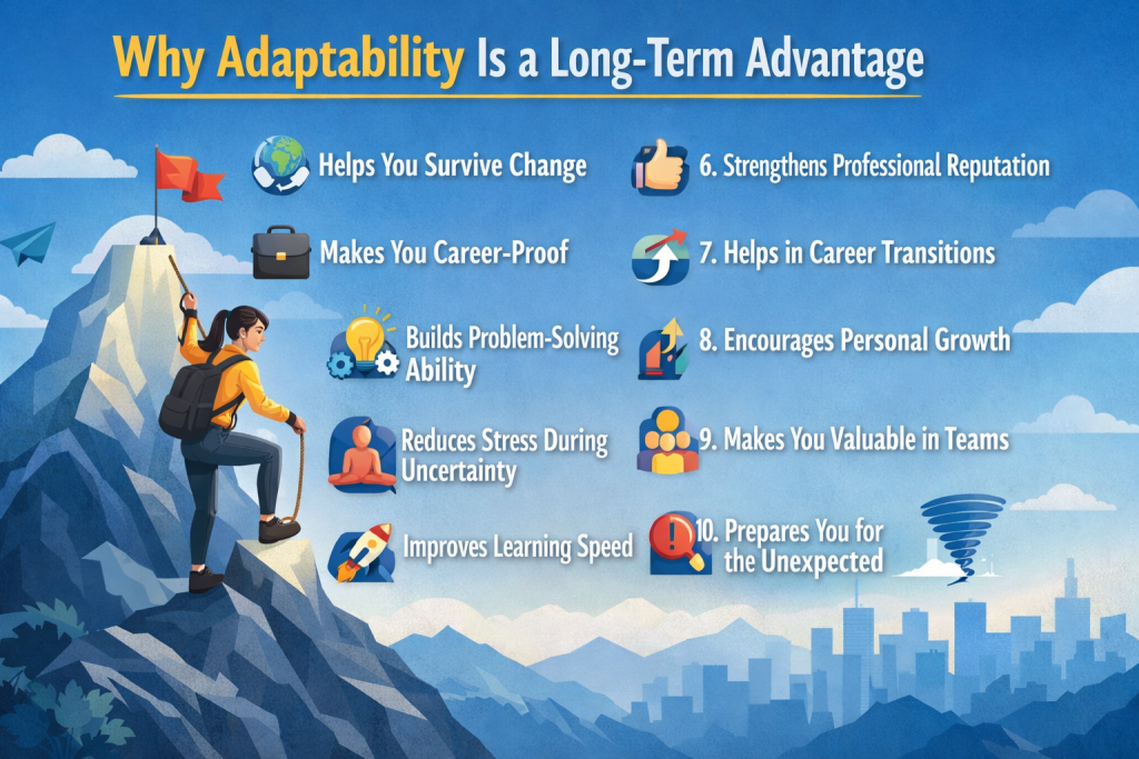 Infographic titled “Why Adaptability Is a Long-Term Advantage” showing a young woman climbing a mountain with a city in the background. The design includes blue tones, bold heading text, and icons representing ten benefits such as surviving change, career growth, problem-solving, reduced stress, learning speed, professional reputation, career transitions, personal growth, teamwork value, and preparing for the unexpected.