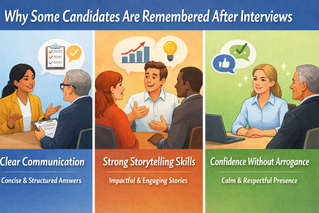 A wide banner image with the title “Why Some Candidates Are Remembered After Interviews” at the top. Below the title, three interview scenes are shown side by side. In the first scene, a woman confidently speaks to an interviewer, representing clear communication. In the second scene, a candidate shares an engaging story with two interviewers, representing strong storytelling skills. In the third scene, a calm and composed candidate sits confidently during an interview, representing confidence without arrogance.