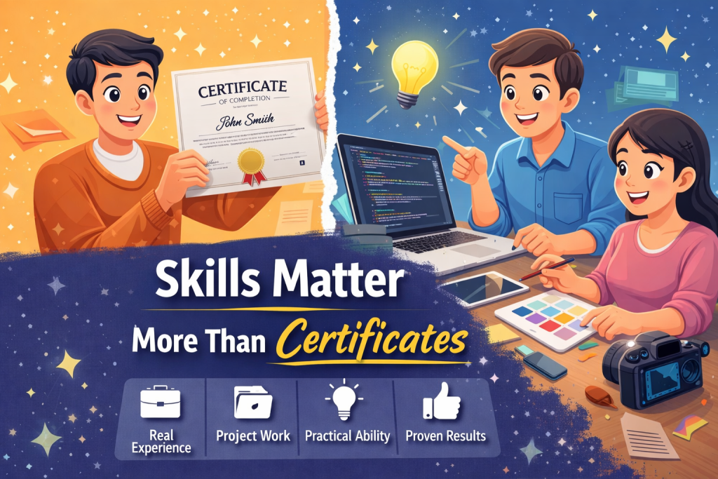 An animated illustration showing two people, where one person holds a certificate while the other works on a laptop with a teammate, visually representing that practical skills, collaboration, and real project work matter more than certificates.