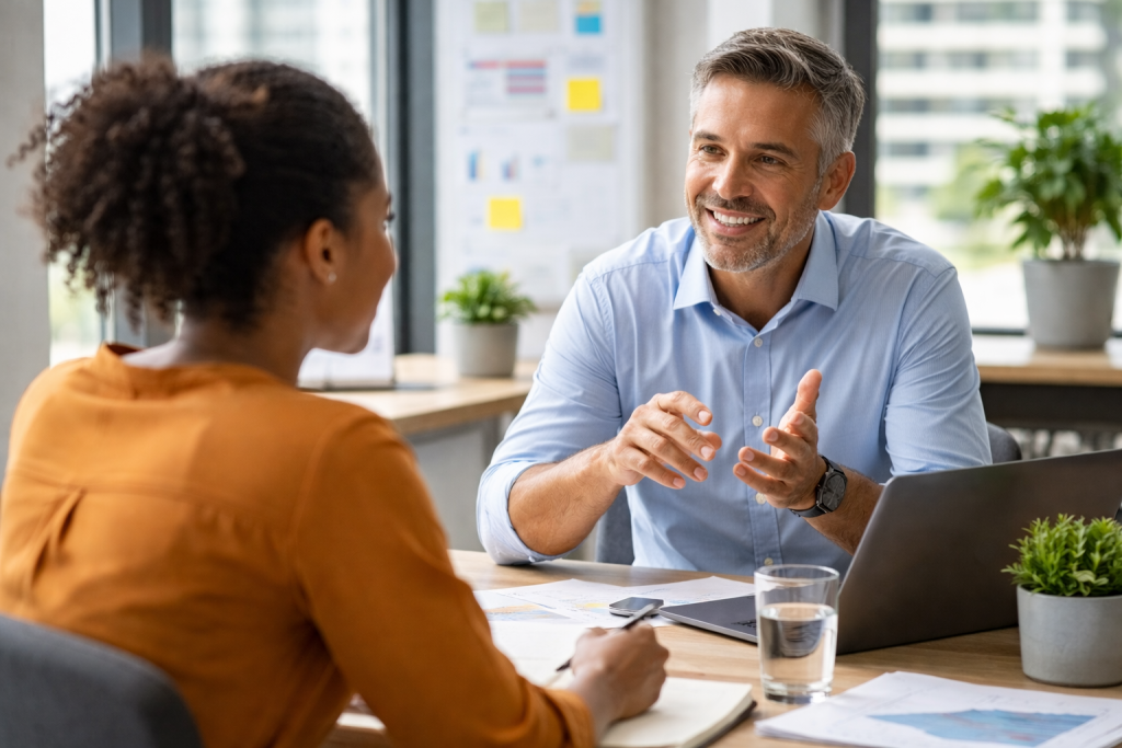 "A realistic office scene showing a one-on-one meeting between a male manager and a female employee. The manager, wearing a light blue shirt, is speaking transparently and gesturing with his hands, while the employee listens attentively and takes notes. They sit at a wooden table with a laptop, documents, and glasses of water, with a bright modern office, charts on the wall, and indoor plants in the background, illustrating open communication and trust in the workplace."