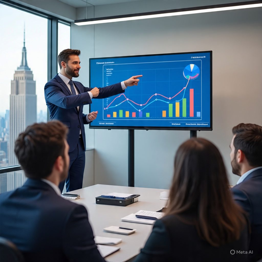 A photorealistic modern conference room scene with a confident presenter in a navy suit standing near an interactive digital board displaying colorful line, bar, and pie charts. The presenter points at the visuals while four attentive professionals sit at a sleek table, listening and taking notes. The background features a large window showing the Empire State Building in daylight, creating a warm, professional atmosphere that emphasizes engagement, trust, and teamwork 