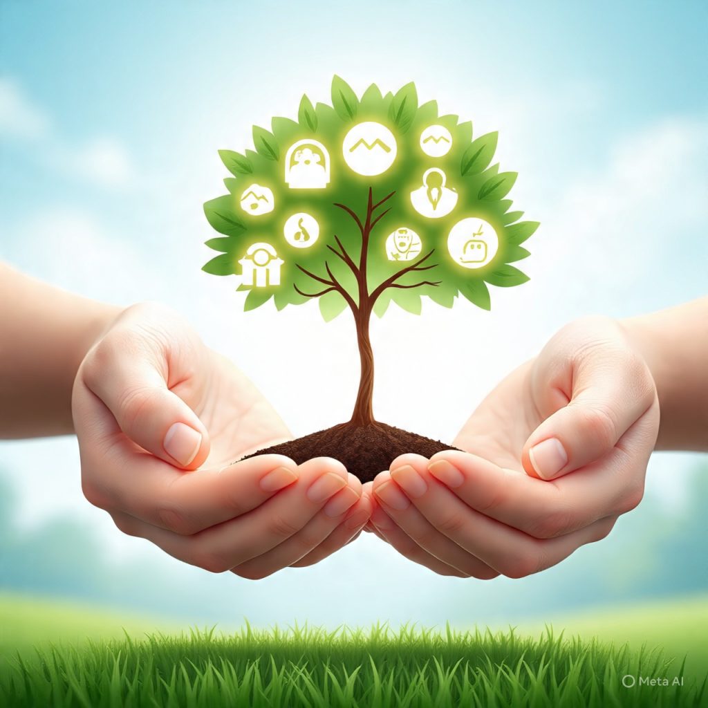 "A realistic illustration of a large tree growing steadily from a small seed in the hands of a calm person, symbolizing patience and long-term growth. Sunlight filters through clouds, highlighting the tree’s branches with glowing icons of career, skills, and success. The background is soft, inspiring, and professional, suggesting stability, focus, and thoughtful progress. No text. Calm, motivational, and career-oriented vibe."