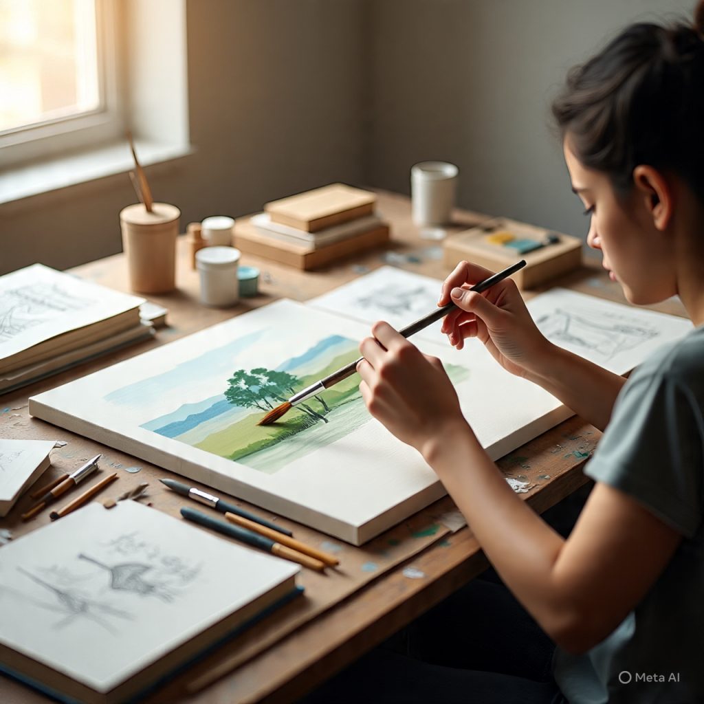 “A focused person practicing a skill patiently at a desk with books and materials around, illustrating the journey toward mastery.”