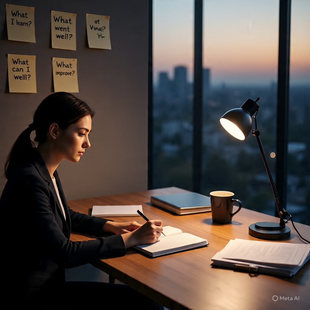 A realistic professional workspace scene in the evening, featuring a young professional sitting at a wooden desk and writing in a journal thoughtfully. A warm desk lamp lights the desk. On the wall behind, sticky notes display reflective questions like “What did I learn?”, “What went well?”, and “What can I improve?”. A laptop, coffee mug, smartphone, and organized documents are placed neatly on the desk. A large window shows a soft cityscape at dusk. The atmosphere feels calm, focused, and productive. Ultra-realistic photography style, natural lighting, sharp details, 1600x778px, wide banner composition.