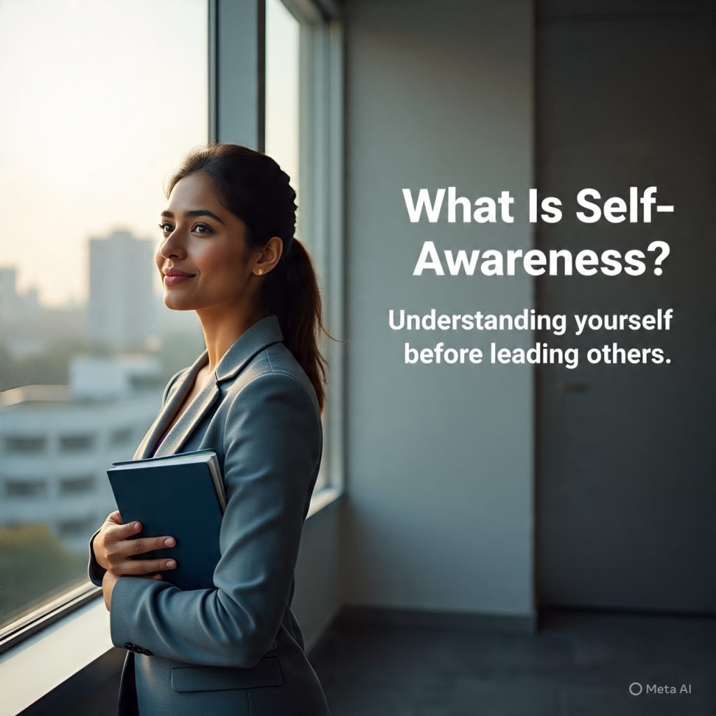 A confident young South Asian female leader stands in front of a large office window during early morning light, holding a notebook close to her chest and looking thoughtfully at her reflection in the glass. The reflection appears slightly brighter and more confident, symbolizing inner awareness and growth. The modern office background is softly blurred, with city buildings visible outside. On the right side, clean minimal text reads, “What Is Self-Awareness?” with a short tagline below, “Understanding yourself before leading others.” Soft golden morning light, natural corporate tones, realistic photography style, shallow depth of field, professional LinkedIn banner aesthetic. Mood: calm, reflective, empowering, inspirational.