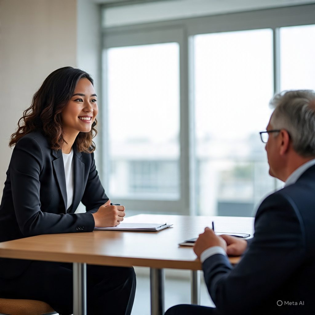 A professional interview setting showing a candidate entering a modern office room, greeted by a recruiter. The candidate looks confident and attentive, wearing formal attire, holding a resume folder. The recruiter is observing attentively, taking notes. The room has a clean, modern design with a table, chairs, and a laptop. Subtle visual cues emphasize professionalism and seriousness, such as neat posture, eye contact, and friendly yet formal expressions. Bright, natural lighting. Realistic style, 1600x778px.