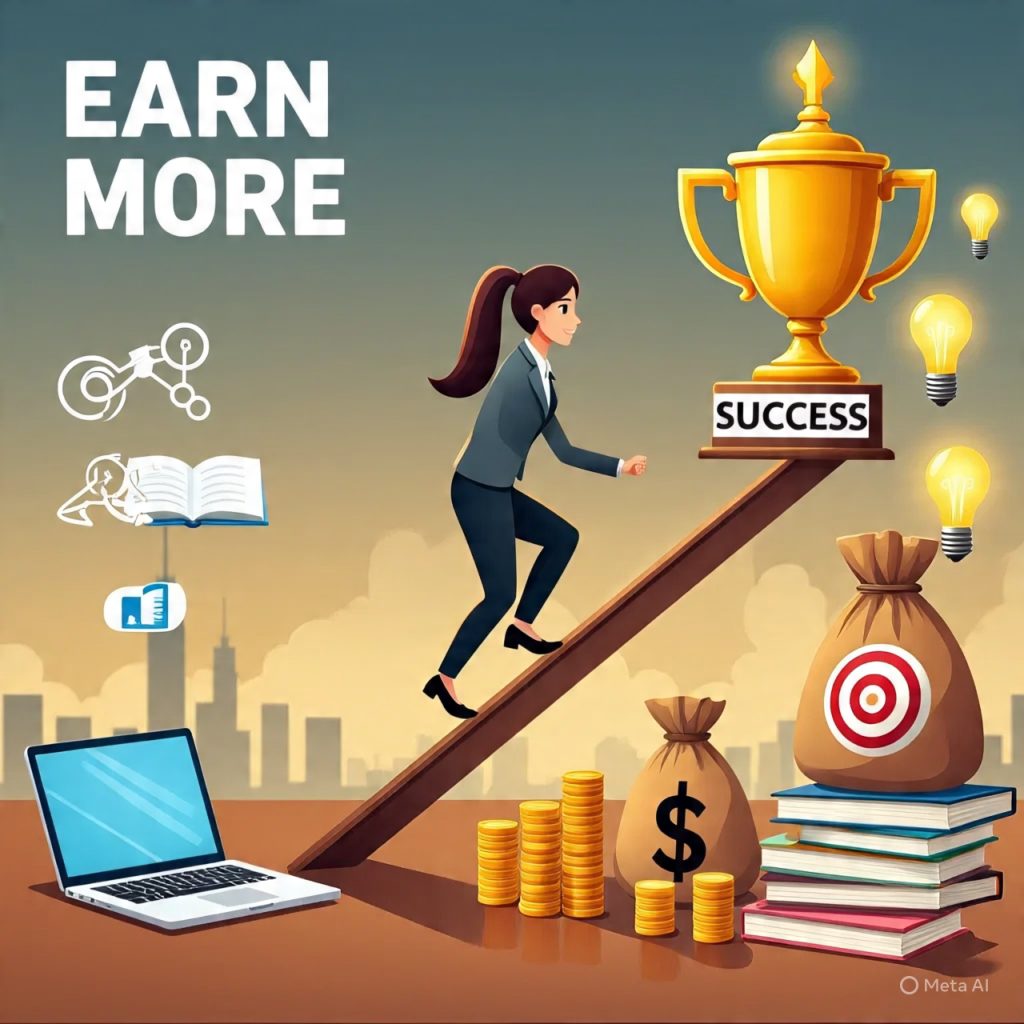 "A realistic office scene showing a professional businesswoman climbing a wooden lever labeled 'EARN MORE' toward a large golden trophy labeled 'SUCCESS'. Surrounding her are symbols of career growth: stacks of books, a bag of money, coins, a target with an arrow, and glowing light bulbs representing ideas. On the left side, a laptop, network icons, and an open book highlight skills and networking. Modern city skyline in the background, warm and realistic lighting, emphasizing career leverage, growth, and professional achievement."