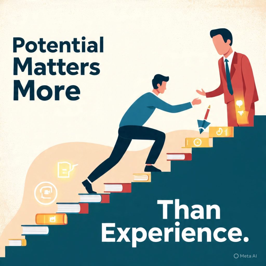 A symbolic illustration showing a young professional climbing a staircase made of books and glowing skill icons, representing growth, learning, and potential. In the background, a senior professional watches encouragingly, symbolizing guidance and mentorship. The scene conveys progress, opportunity, and evaluation of talent rather than past experience. Bright, motivational colors with realistic yet slightly stylized design. Include subtle text: “Potential Matters More Than Experience”. Size: 1600x778 px.