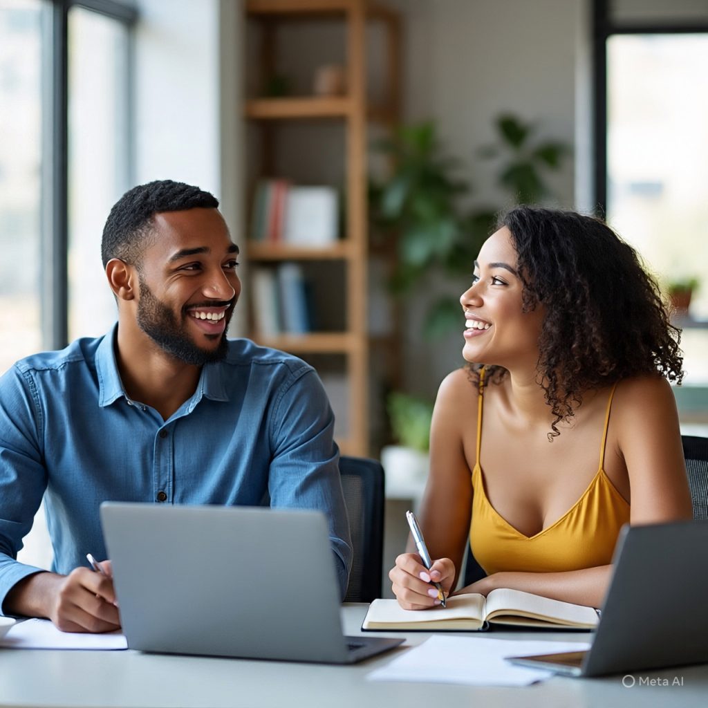 "Two young professionals discussing career growth strategies at a modern office desk, laptops open, notes and coffee cups on table, natural light coming through windows, realistic style, friendly and motivating atmosphere, 1600x778px"