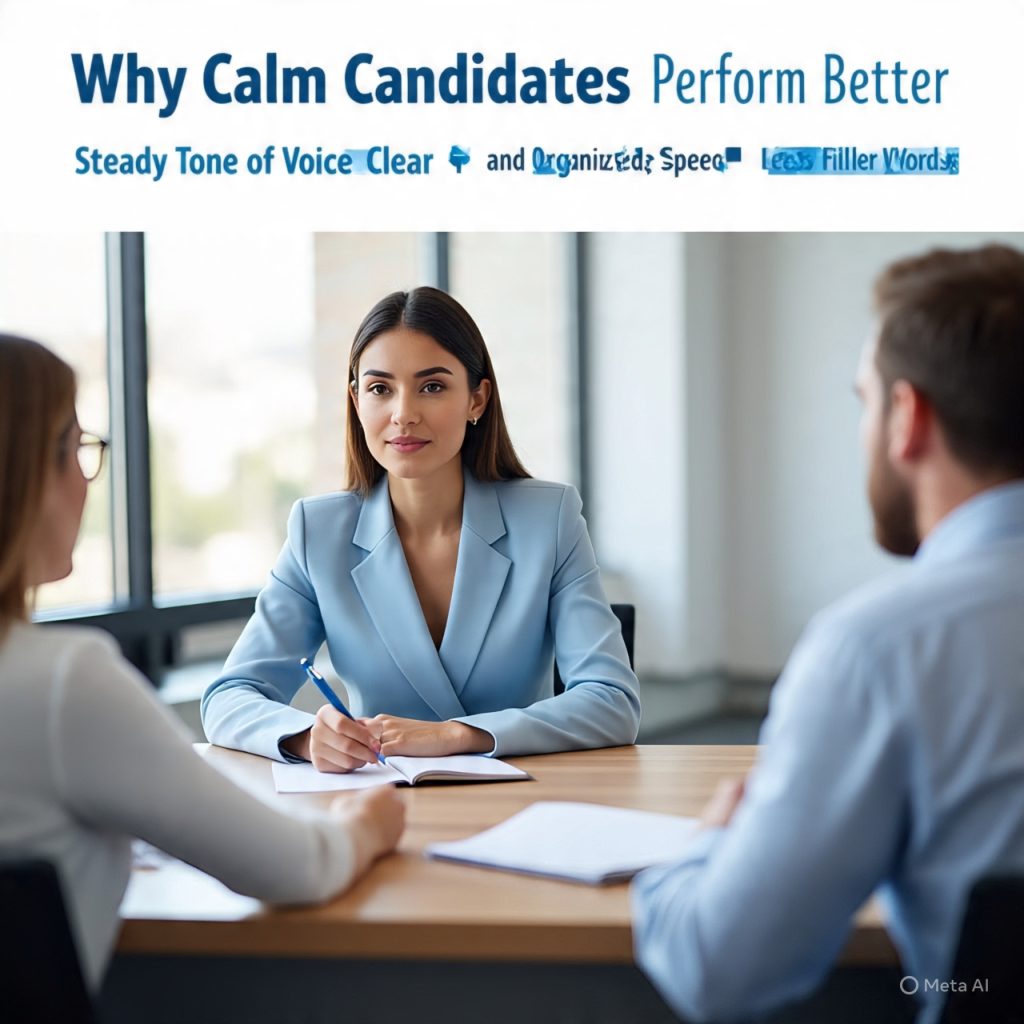 A professional job interview scene showing a calm female candidate in a light blue blazer speaking confidently to two interviewers across a desk in a modern office. The banner headline reads “Why Calm Candidates Perform Better,” with highlighted points: Steady Tone of Voice, Clear and Organized Speech, and Less Filler Words.