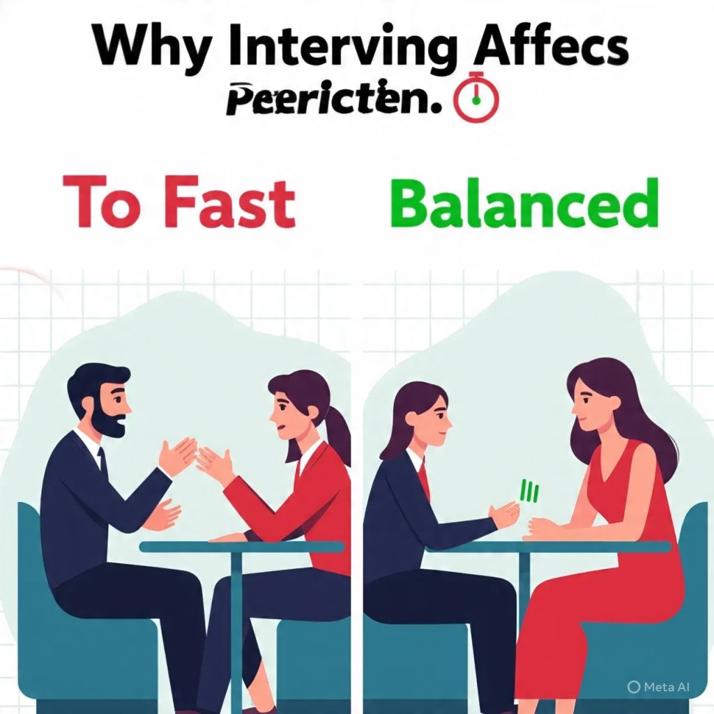 Side-by-side illustration titled “Why Interview Pacing Affects Perception” showing two job interview scenes. On the left, a nervous man speaks too fast with animated gestures while two interviewers look surprised, labeled “Too Fast” with a red timer icon. On the right, a calm woman speaks at a steady pace while the same interviewers listen attentively, labeled “Balanced” with a green timer icon, in a professional office setting.