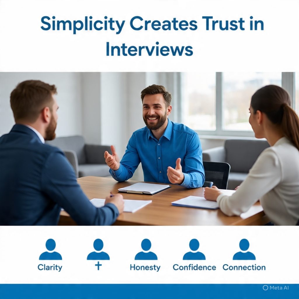 Illustration of a job interview scene in a modern office where a candidate in a blue shirt is speaking confidently to two interviewers sitting across a wooden table. The title “Simplicity Creates Trust in Interviews” appears at the top, with icons representing clarity, honesty, confidence, and connection at the bottom.