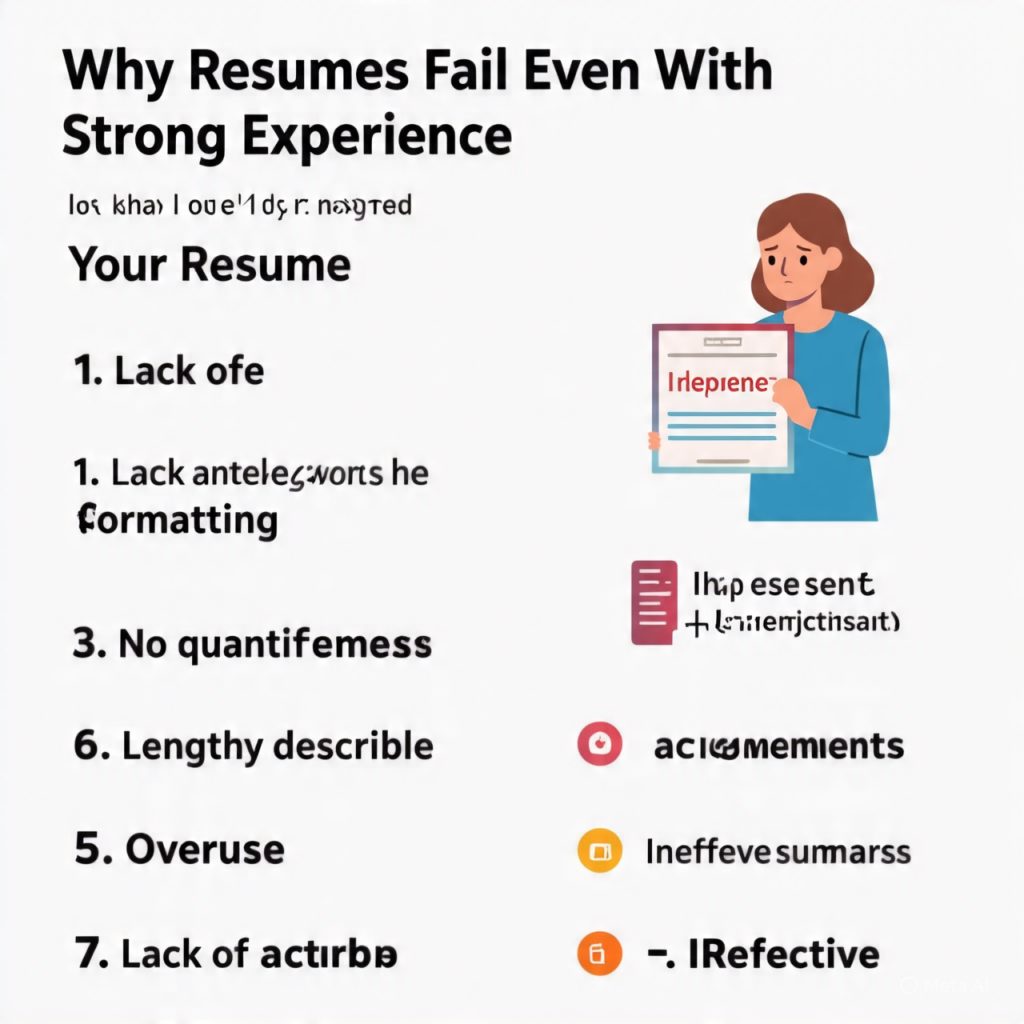 Illustration of a woman sitting at a desk and writing her resume on a laptop, with a large resume document displayed beside her. The banner headline reads “How to Write Resumes That Feel Honest and Strong,” and the resume includes checklist points like clear language, real achievements, honesty about experience, and clean formatting.