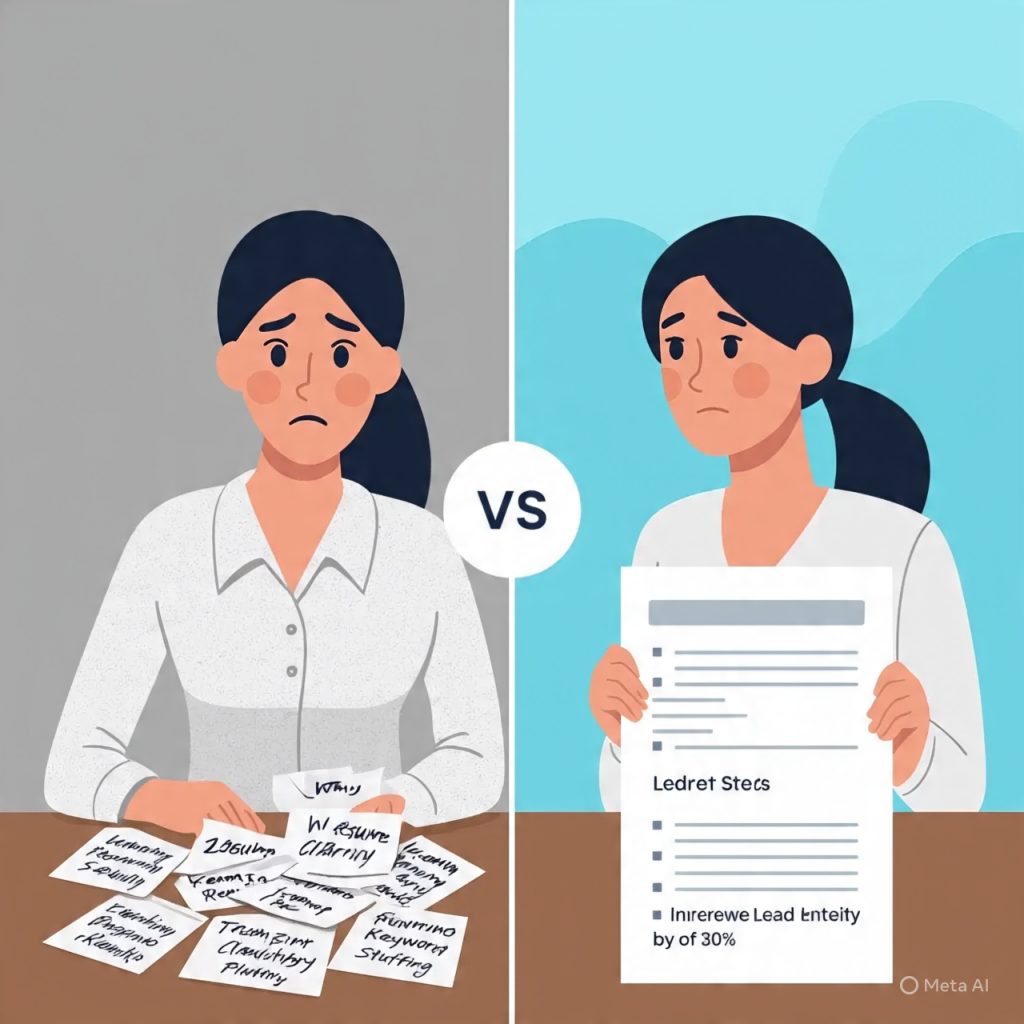 Create a professional blog banner image (1600x778px) with the title *“Why Resume Clarity Beats Keyword Stuffing”* at the top in bold, clean typography. The design should look modern and minimal.
On the left side, show a stressed young professional girl sitting at a desk with many messy resume papers stacked in front of her. The papers should contain repeated words like “Leadership,” “Communication,” “Team Player,” and “Problem-Solving.” The left background should feel slightly dull or grey to represent confusion and keyword stuffing.
On the right side, show the same girl looking confident and professional, holding a clean and well-structured resume with bullet points like “Increased Sales by 25%,” “Led Team of 5,” and “Improved Efficiency by 30%.” The right background should be brighter with soft blue tones to represent clarity and success.
In the center, add a subtle “VS” circle between both sides. The overall style should be flat illustration, clean, corporate, and suitable for a career or HR blog. The image should feel professional, motivational, and easy to understand.