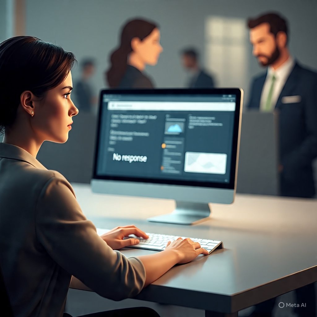 "Illustration of a job candidate waiting for responses, with recruiters and hiring managers discussing in the background, representing hiring silence."