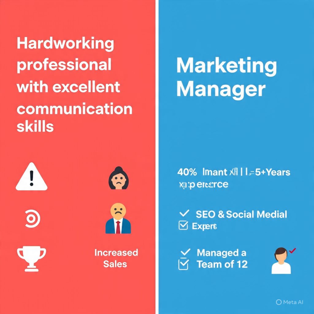 A split-screen infographic titled “Why Resume Summaries Often Hurt Profiles.” The left side has a red background showing a resume with a generic summary that says “Hardworking professional with excellent communication skills,” along with warning and repeat icons and a sad candidate, highlighting problems like “Too Generic,” “Repeats Info,” and “Vague Claims.” The right side has a blue background showing a strong resume headline reading “Marketing Manager | 5+ Years Experience | Increased Sales 40%,” with bullet points like “SEO & Social Media Expert” and “Managed a Team of 12.” A smiling candidate with a trophy and check marks represents strong headline, key achievements, and relevant skills.