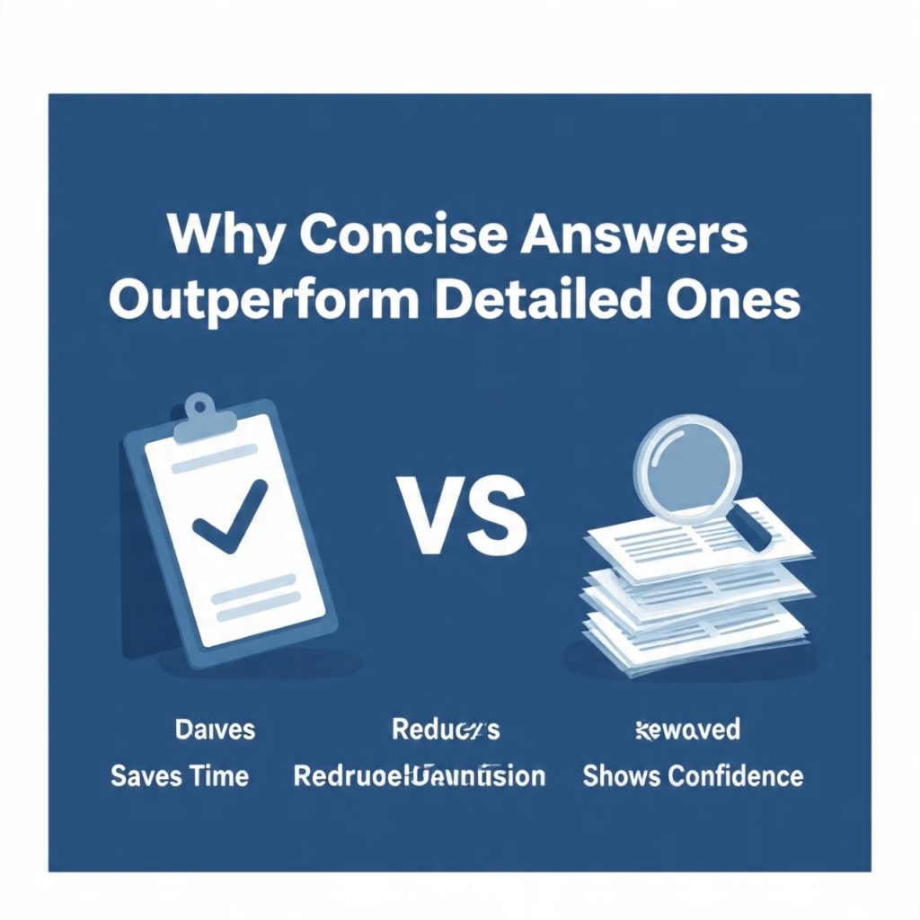 A professional blue-themed banner titled “Why Concise Answers Outperform Detailed Ones.” The design shows a clipboard with checkmarks labeled “Concise” on the left and a stack of detailed documents with a magnifying glass on the right, separated by a “VS” symbol in the center. At the bottom, key benefits are highlighted: Saves Time, Improves Clarity, Reduces Confusion, and Shows Confidence.