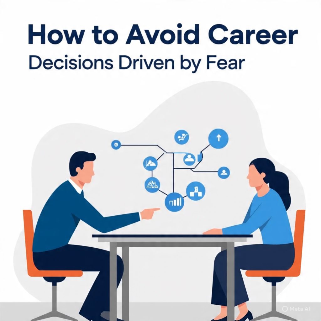 “Illustration of two professionals discussing career decisions with icons of growth and opportunities around them. Article topic: ‘How to Avoid Career Decisions Driven by Fear’.”