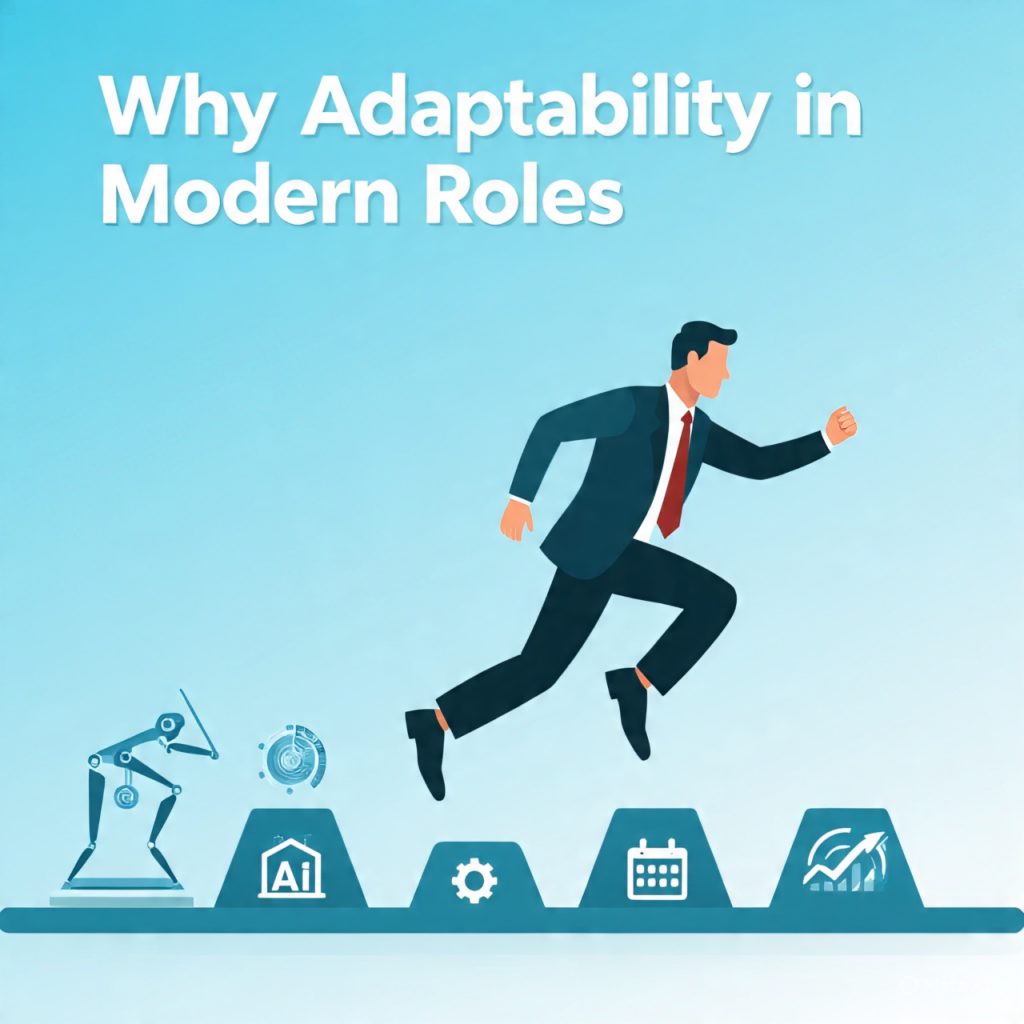 Banner image titled “Why Adaptability in Modern Roles” featuring a professional man jumping across stepping stones toward success, surrounded by icons of technology, AI, remote work, gears, calendar, target, and growth symbols, with a robotic arm and laptop on the left side representing innovation and change.