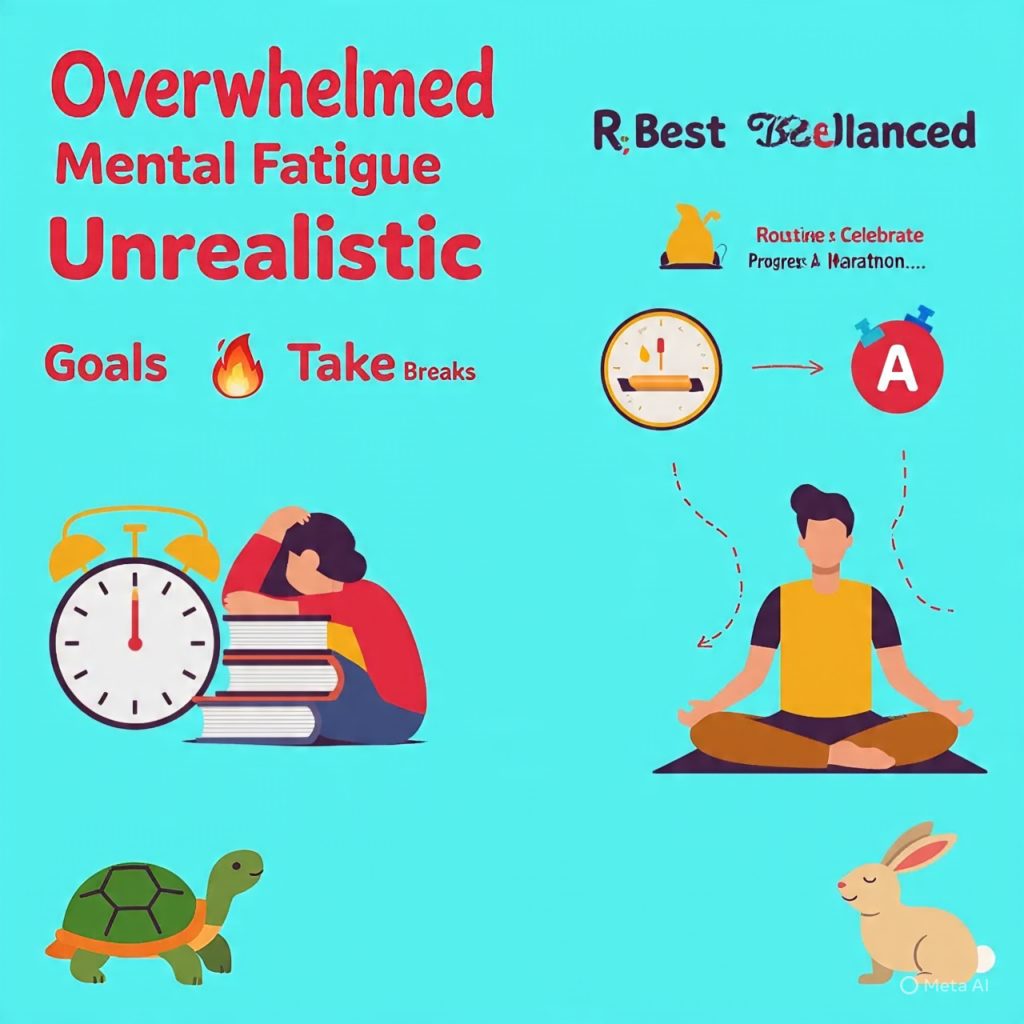 Illustration for the article “How to Learn Skills Without Burnout.” The image shows a person slumped over a stack of books labeled “Overwhelmed” with visual cues like a burning brain for “Mental Fatigue” and a clock for “Unrealistic Goals.” On the right, a person meditates on a mat labeled “Take Breaks & Rest,” with icons for a balanced routine and celebrating progress. A winding path leads toward a goal, with a turtle and a rabbit at the bottom symbolizing “A Marathon… Not a Sprint.” The style is colorful, motivational, and cartoon-like.