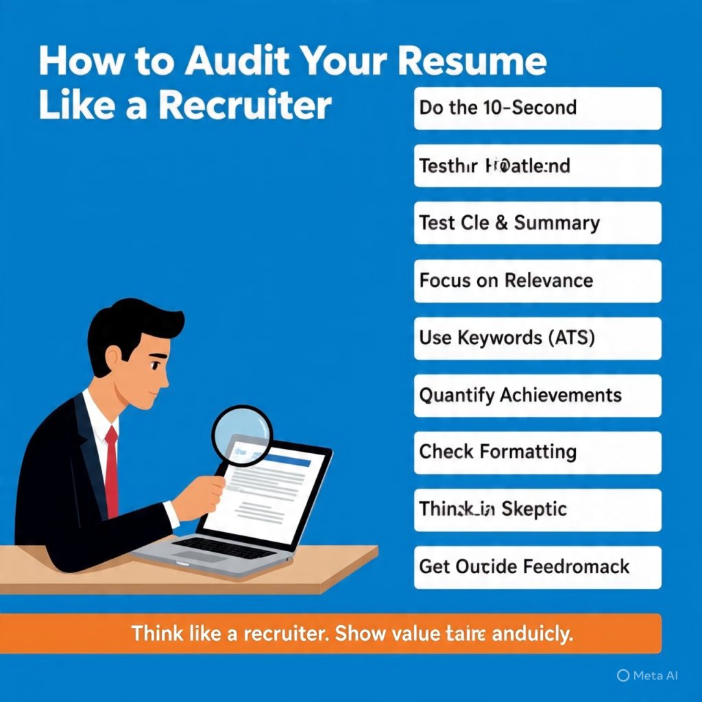 A wide infographic banner titled “How to Audit Your Resume Like a Recruiter” on a blue background. On the left, a recruiter is sitting at a desk holding a magnifying glass and reviewing a resume on a laptop. On the right, eight white boxes highlight resume audit tips including: Do the 10-Second Test, Clear Headline & Summary, Focus on Relevance, Use Keywords (ATS), Quantify Achievements, Check Formatting, Think Like a Skeptic, and Get Outside Feedback. At the bottom, an orange strip reads: “Think like a recruiter. Show value clearly and quickly.”