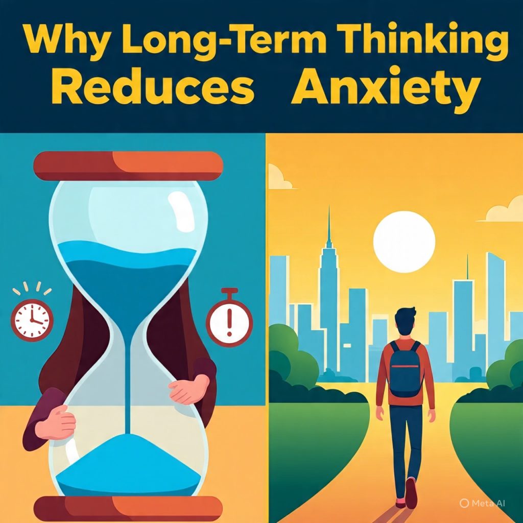 Illustration showing a contrast between anxiety and long-term thinking: on the left, a stressed woman sits beside a large hourglass with warning and deadline symbols around her under a dark sky; on the right, a calm man with a backpack walks along a winding path toward a bright city skyline and rising sun, with the title “Why Long-Term Thinking Reduces Anxiety” at the top.