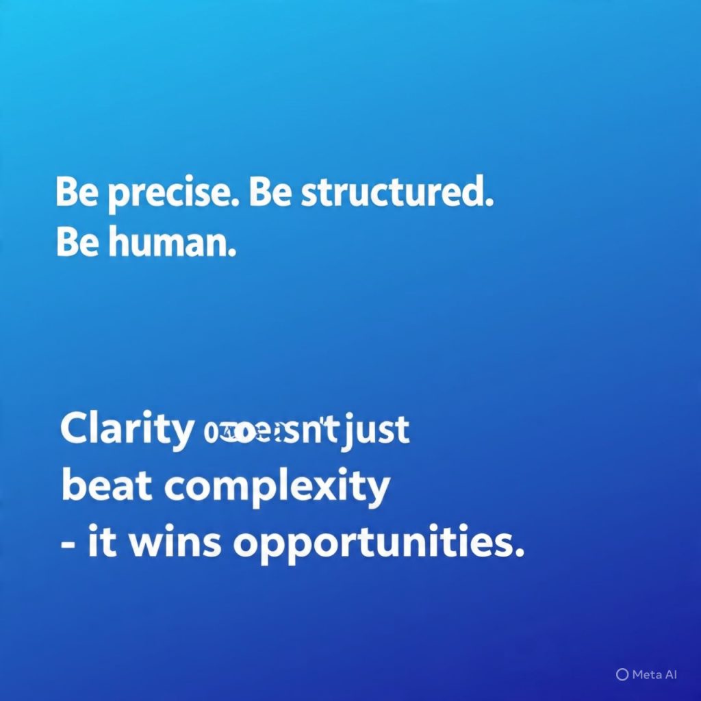 A professional blue gradient presentation slide titled “Conclusion” featuring a quote about clarity in interviews. On the left side, key points read “Be precise. Be structured. Be human.” On the right side, a male interviewer and female candidate shake hands, symbolizing successful communication. A target icon with an arrow and a glowing lightbulb appear above them, representing focus and ideas. At the bottom, a bold statement reads, “Clarity doesn’t just beat complexity — it wins opportunities.”