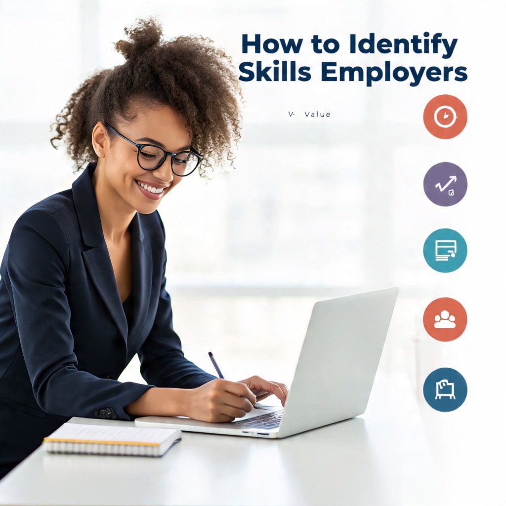 A professional woman with curly hair and glasses sits at a modern desk, smiling while writing in a notebook beside her laptop. On the right side of the image, the title “How to Identify Skills Employers Value” appears in bold text, accompanied by six circular icons representing studying job descriptions, analyzing salary trends, problem-solving, talking to industry professionals, checking freelance demand, and developing in-demand skills. The background is bright, minimal, and office-themed.