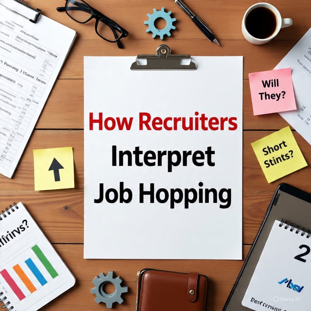A realistic top-view image of a wooden desk arranged with recruitment-related items for an article titled “How Recruiters Interpret Job Hopping.” At the center is a large printed title, surrounded by a CV sheet, resume papers, a clipboard labeled job history, sticky notes with questions like “Will They Stay?”, “Performance Issues?”, and “Short Stints?”, a notebook listing short career durations, a smartphone displaying “Now Hiring,” a career growth chart with an upward arrow, a “2 Years” desk calendar block, glasses, pens, a magnifying glass, a leather planner, gears labeled “Skills” and “Growth,” and a cup of coffee. The layout symbolizes how recruiters analyze job changes, career stability, and professional growth.
