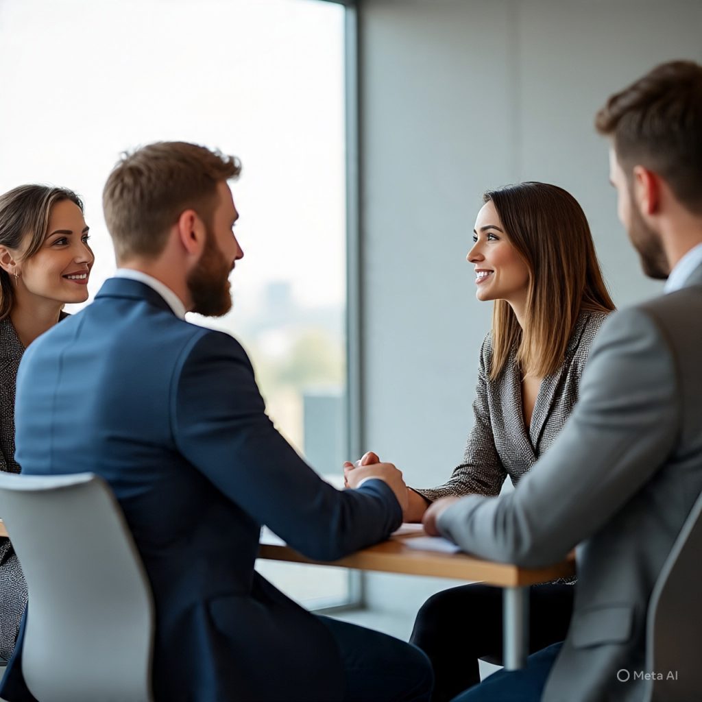 Professional job interview scene where a confident candidate is explaining something to two recruiters across a desk in a modern office, demonstrating clear communication and credibility during the interview.