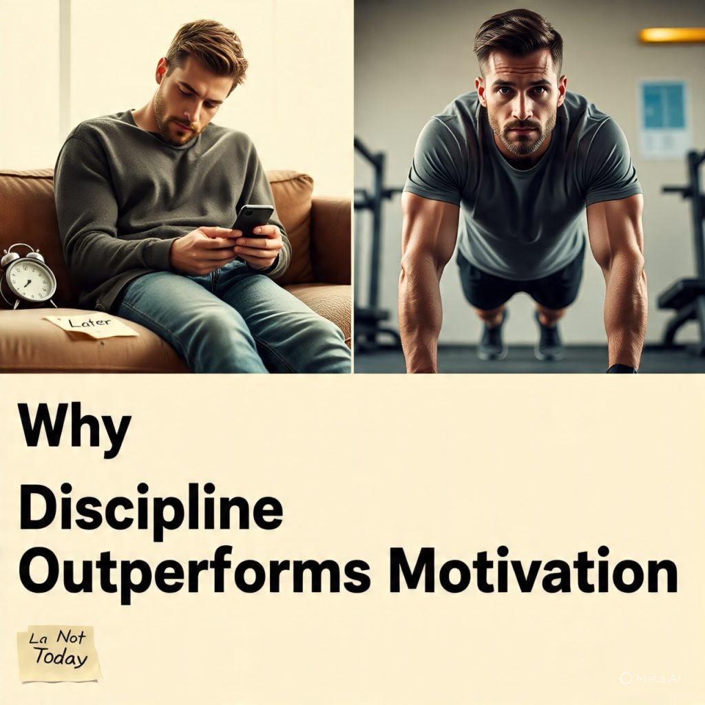 Split-screen realistic image showing the contrast between motivation and discipline. On the left side, a relaxed man sitting on a couch looking at his phone with an alarm clock, notes saying “Later” and “Not Today,” representing fading motivation. On the right side, a focused man doing push-ups in a gym with workout equipment and a progress chart, representing discipline and consistent effort. The center text reads “Why Discipline Outperforms Motivation.”