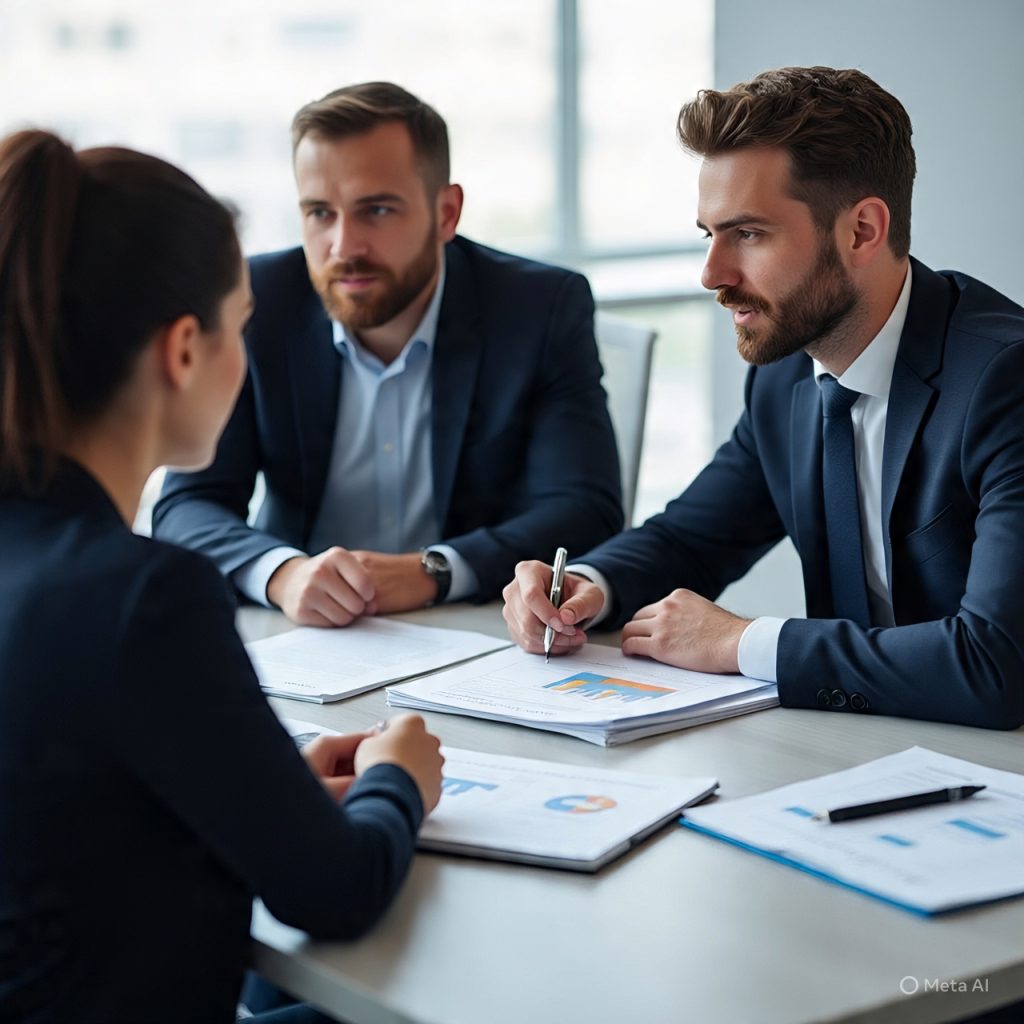 Three professionals sitting at a table in a modern office, collaborating and discussing work while looking at a laptop with documents and charts spread on the table, representing teamwork and practical skill application in a workplace.