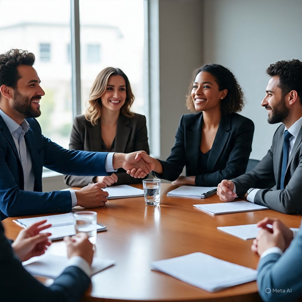 **Alt Text:**
A team of professionals sitting around an office table, smiling and shaking hands during a meeting, showing teamwork, collaboration, and trust building in a modern workplace.
