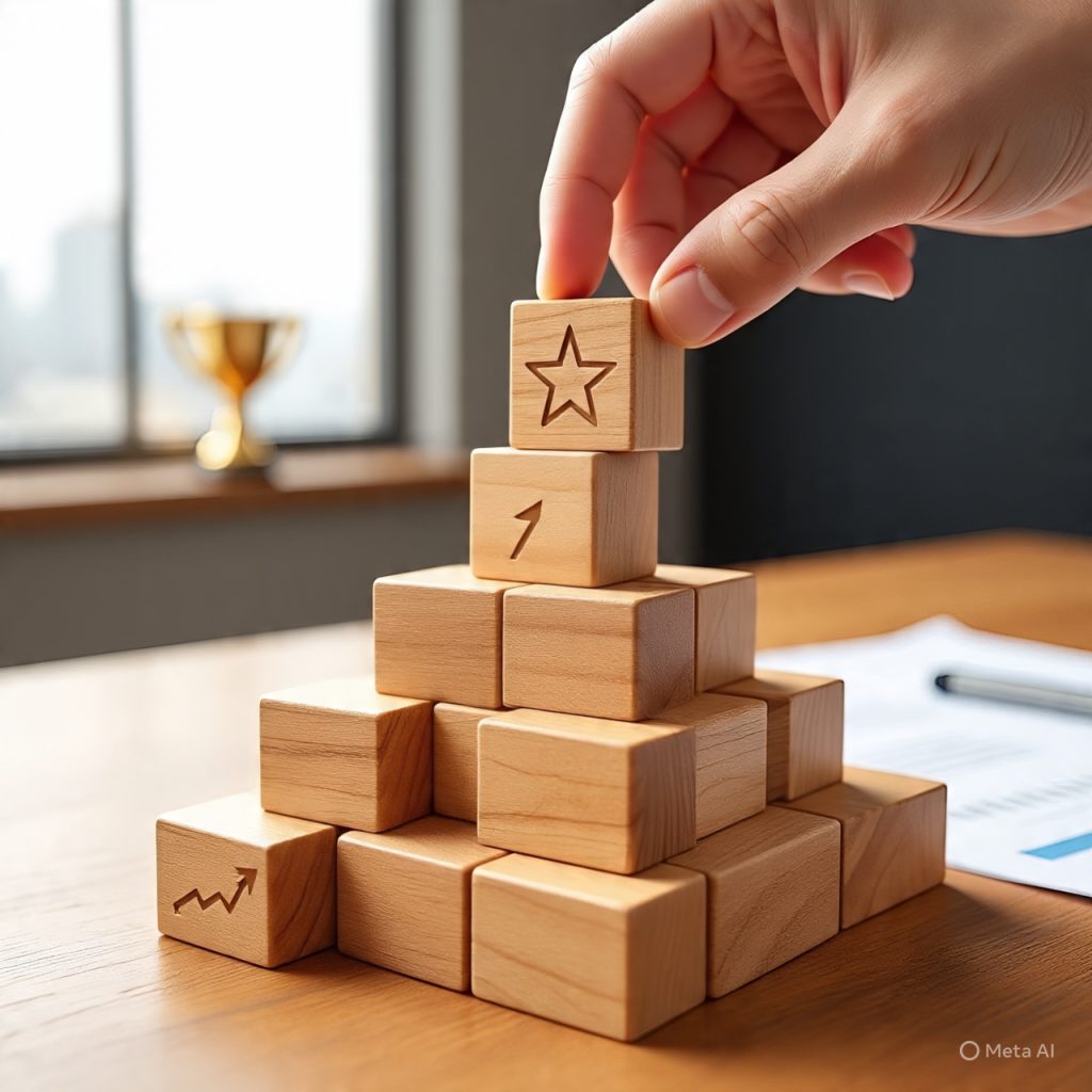 A realistic image showing a hand placing the top block with a star on a stack of wooden blocks representing reliability, trust, professionalism, and goals. The blocks form a pyramid symbolizing consistency, with a trophy, checklist, and a rising arrow in the background, illustrating how consistent effort builds a strong reputation and long-term success.