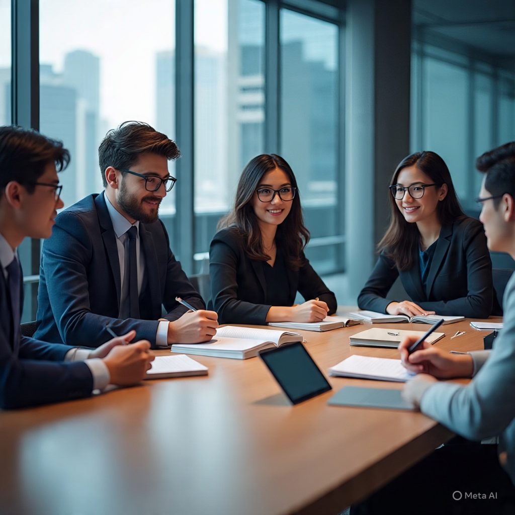 A group of young professionals learning and collaborating with laptops, books, and a tablet against a futuristic city background, representing the concept of future-proofing skills and continuous learning.
