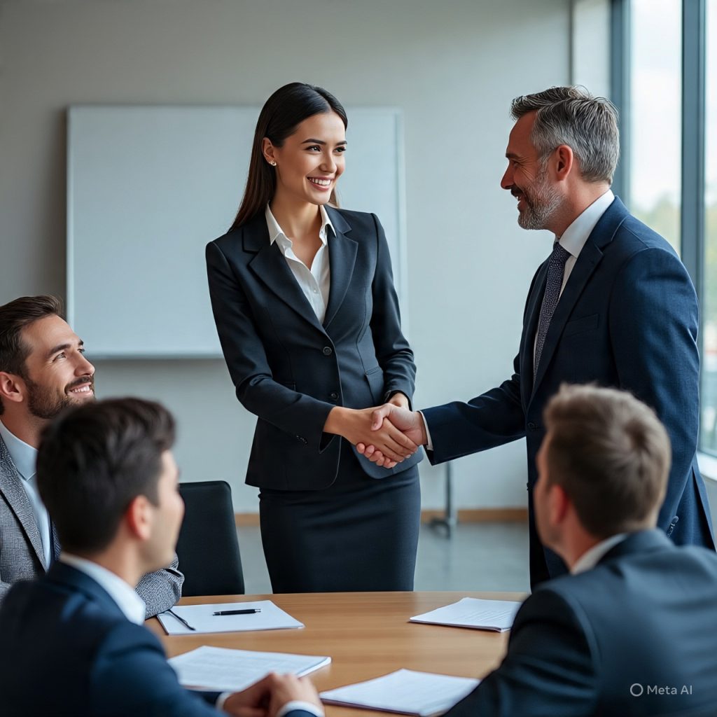 Professional office setting where a confident young woman in formal attire smiles and shakes hands with a colleague during a meeting, creating a strong positive first impression while other team members look on.
