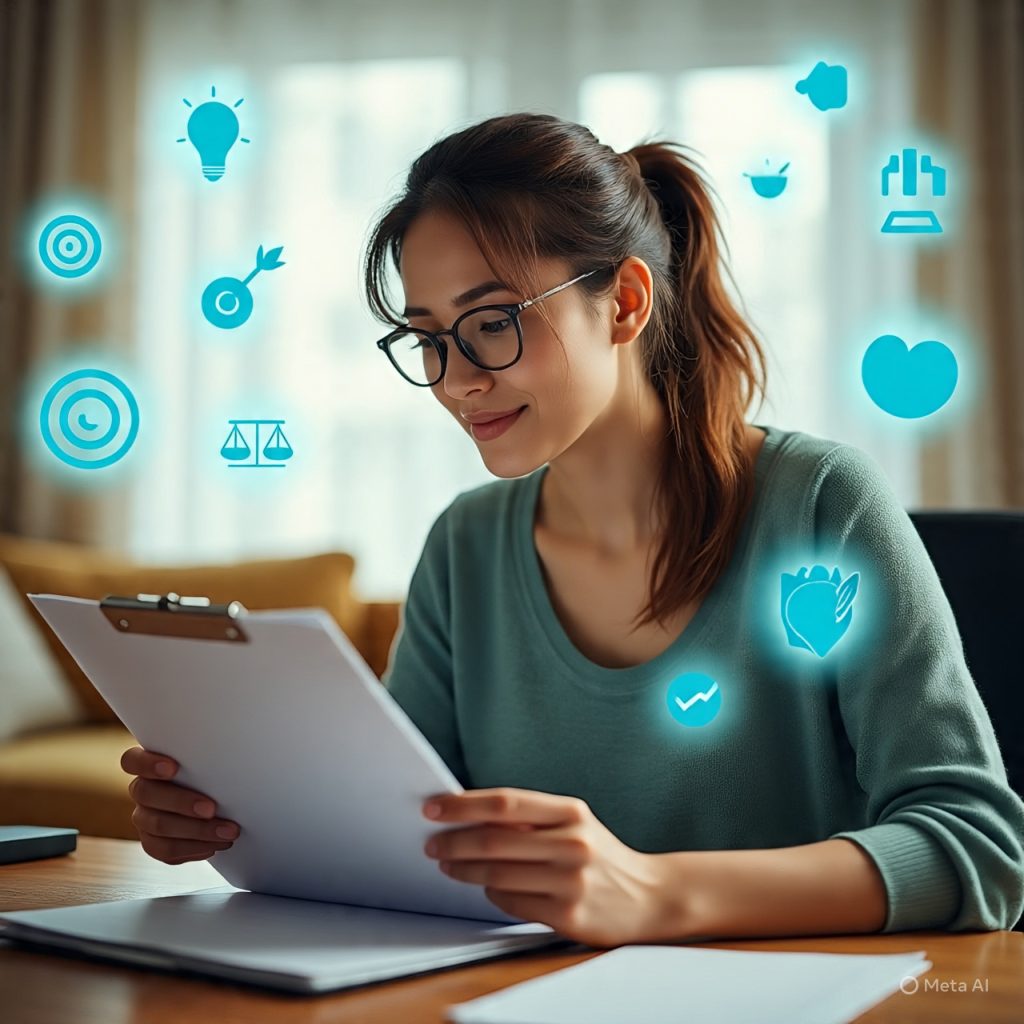 A focused young woman sitting at a desk in a cozy home office, thoughtfully reviewing notes on a clipboard. Soft glowing icons around her—such as a light bulb, target, checklist, scales, and growth chart—symbolize clear thinking, goal-setting, and balanced decision-making.