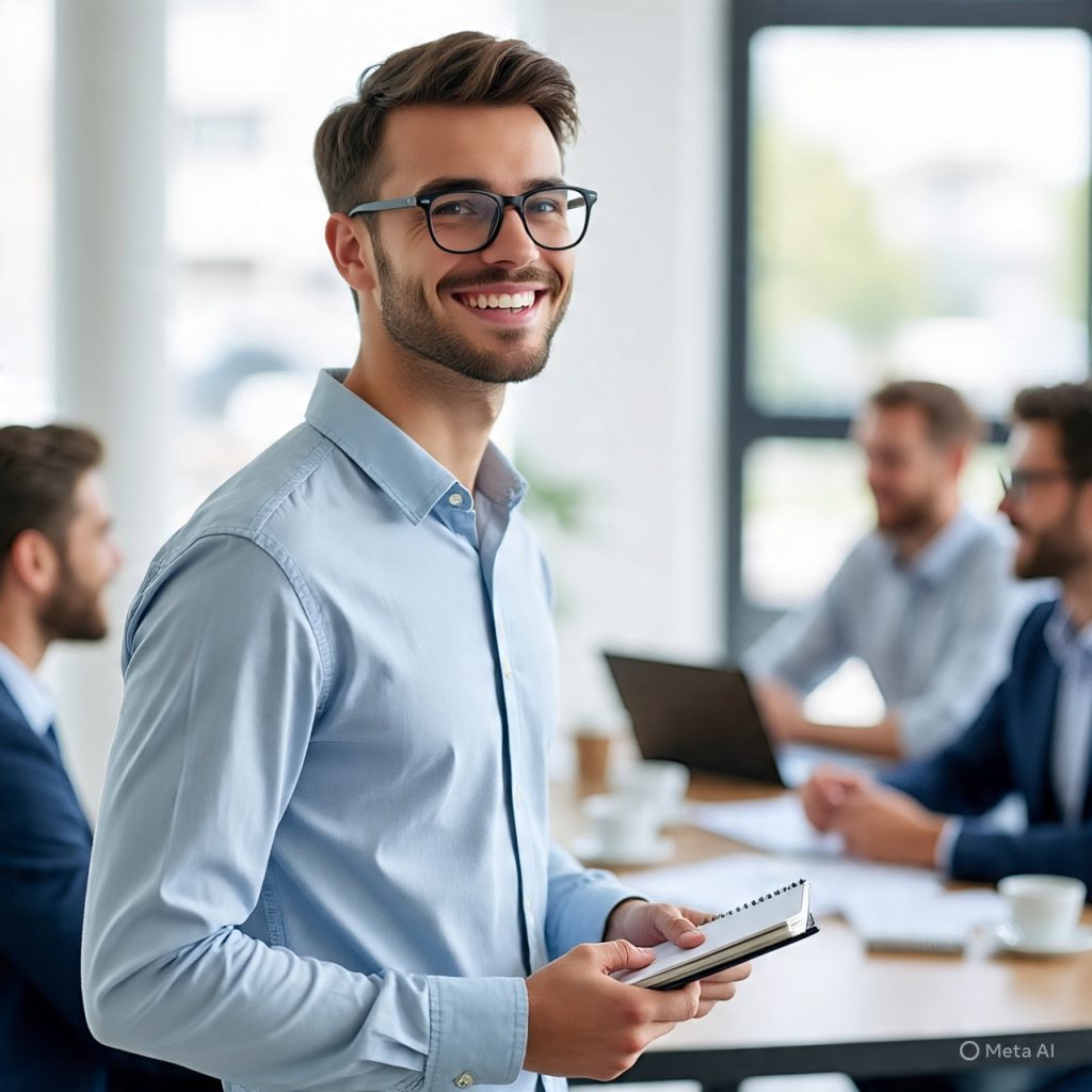 A realistic office scene showing a confident young man in a light blue shirt smiling while holding a notebook, standing in the foreground. In the blurred background, a group of colleagues are discussing work around a table with a laptop, papers, and coffee cups, in a bright and modern workspace.