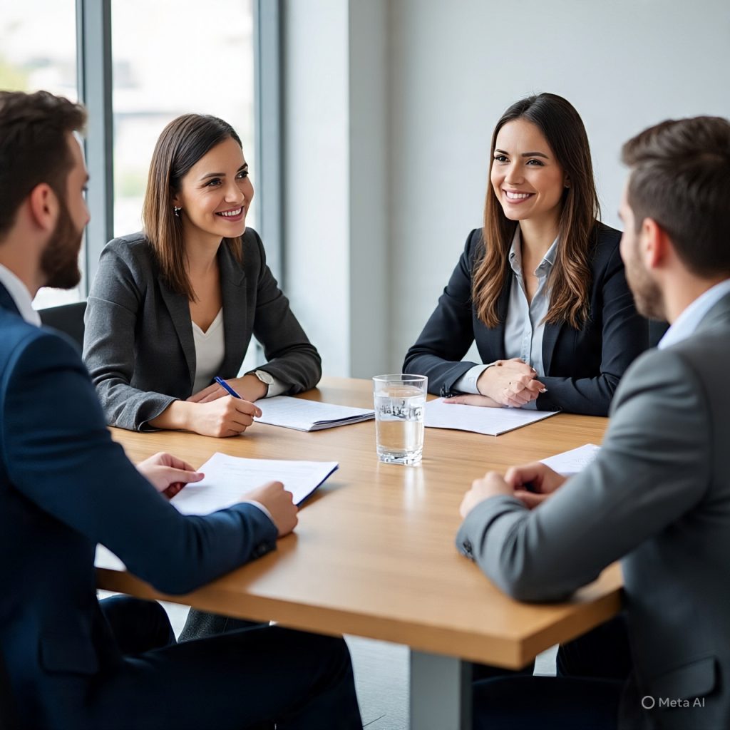 Alt text: A realistic office job interview scene showing a candidate sitting across a table from a panel of four interviewers. The interviewers are smiling and attentive, dressed in formal business attire, with one taking notes and another holding a document. The setting is a modern, well-lit office with a wooden table, glasses of water, and a professional atmosphere, symbolizing a formal interview process.