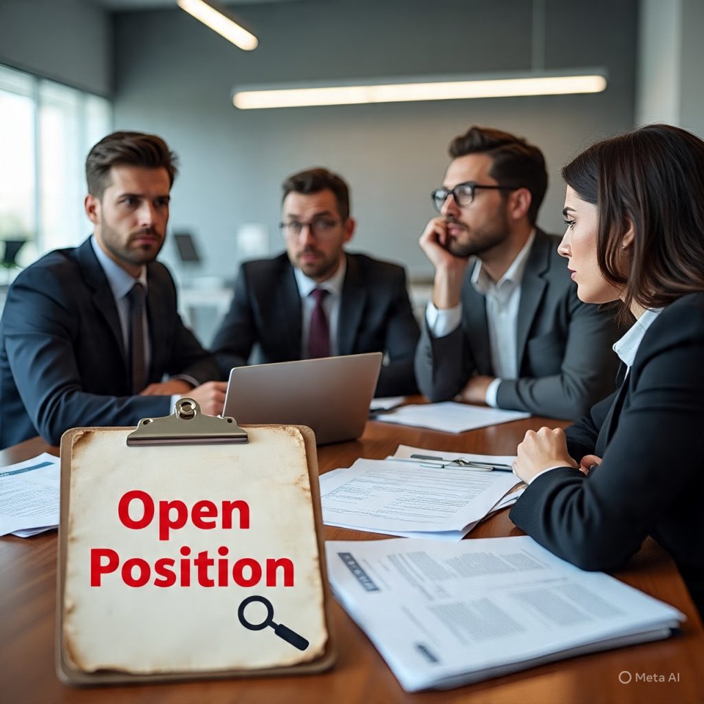 A realistic office scene showing five professionals sitting around a table looking confused and stressed, with resumes, laptops, and documents spread out. In the foreground, a clipboard displays “Open Position” with a magnifying glass icon, symbolizing a long-unfilled job role.