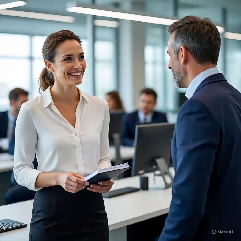 Professional office setting where a woman in business attire smiles while holding a notebook and talking to a male colleague, with other coworkers working in the background in a modern, well-lit workspace.