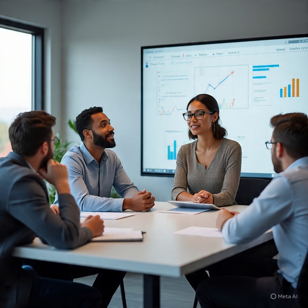 A diverse team of professionals sits around a conference table in a modern office, attentively listening to a confident woman presenting ideas on a whiteboard filled with notes and charts, while holding a tablet and leading a collaborative discussion.

