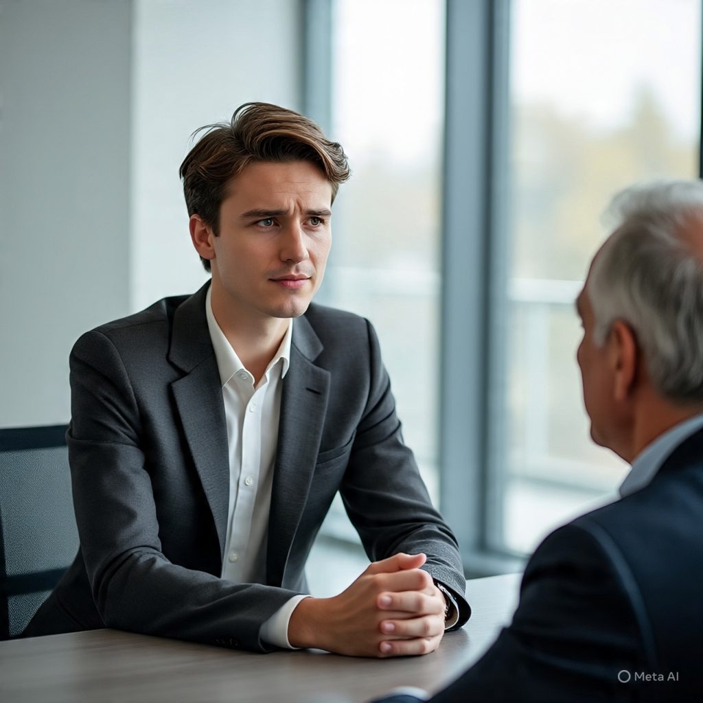 A professional job interview setting where a candidate is speaking honestly and confidently to an interviewer across a desk. Both individuals are dressed in formal attire, seated in a modern office with soft natural lighting. The candidate appears calm and genuine, maintaining eye contact, while the interviewer listens attentively with a thoughtful expression, symbolizing trust and transparency in communication.