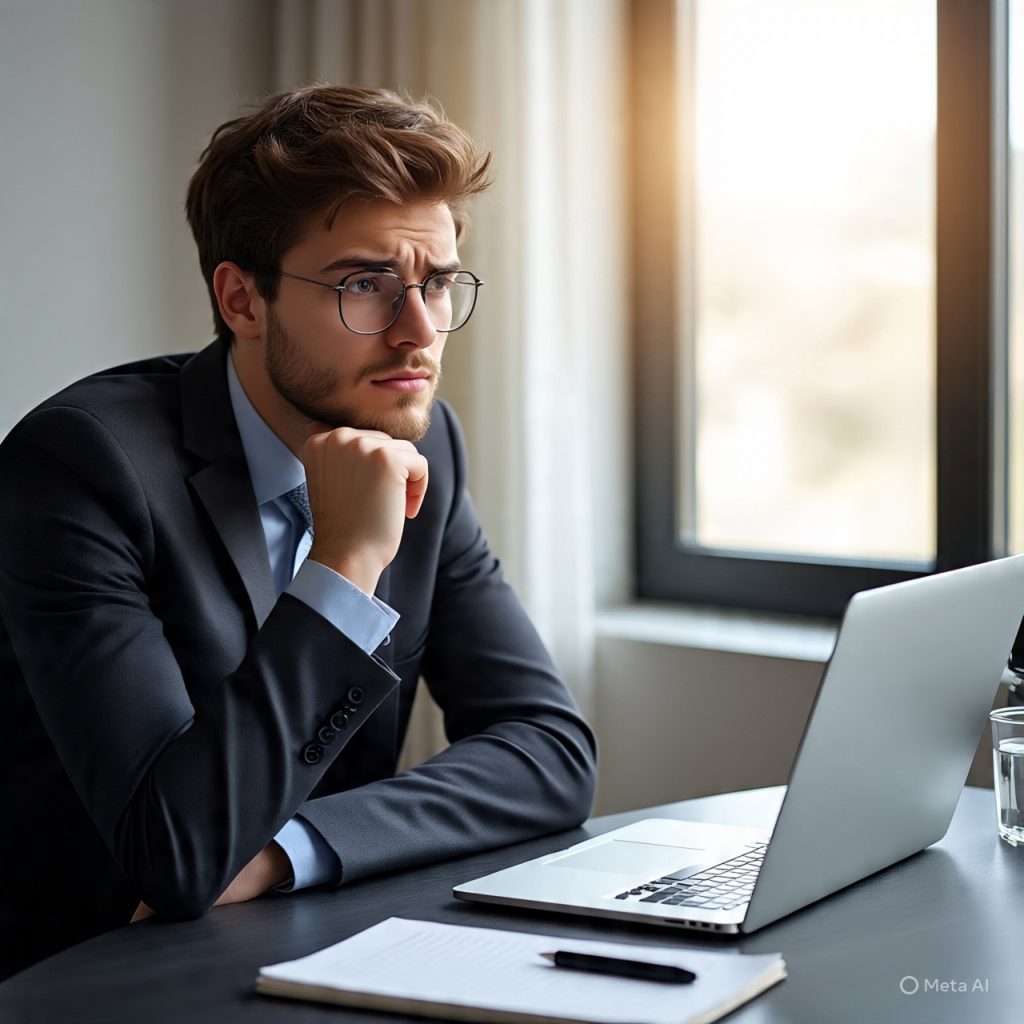A professional workspace scene showing a young professional sitting at a desk with a laptop, looking thoughtfully at the screen after noticing a mistake. A notebook with corrections and a pen lies beside them, symbolizing learning and improvement. Soft natural light comes through a window, creating a calm and focused atmosphere. The overall mood reflects growth, reflection, and gaining confidence through experience.
