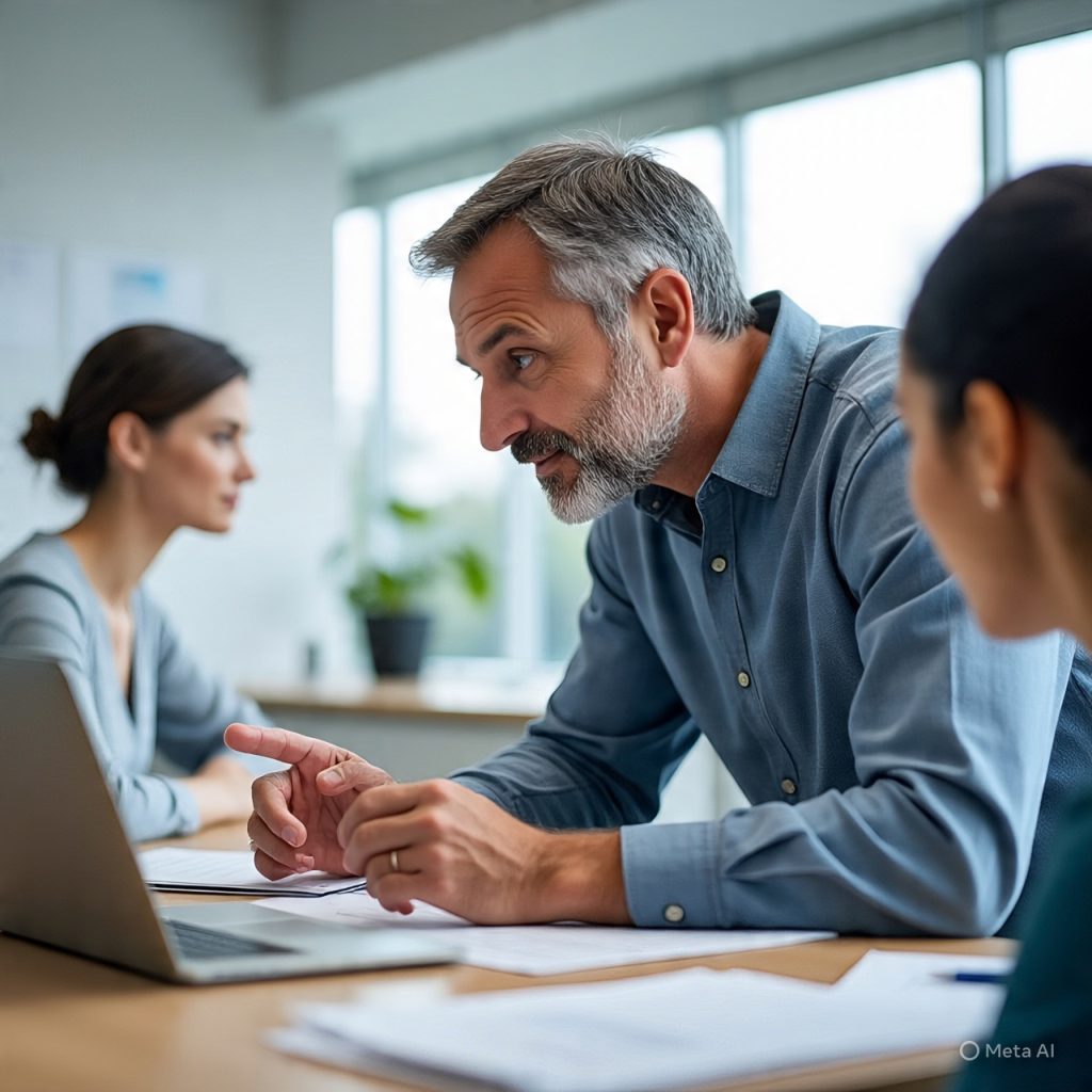 An employee demonstrating leadership by helping a coworker solve a problem in an office.