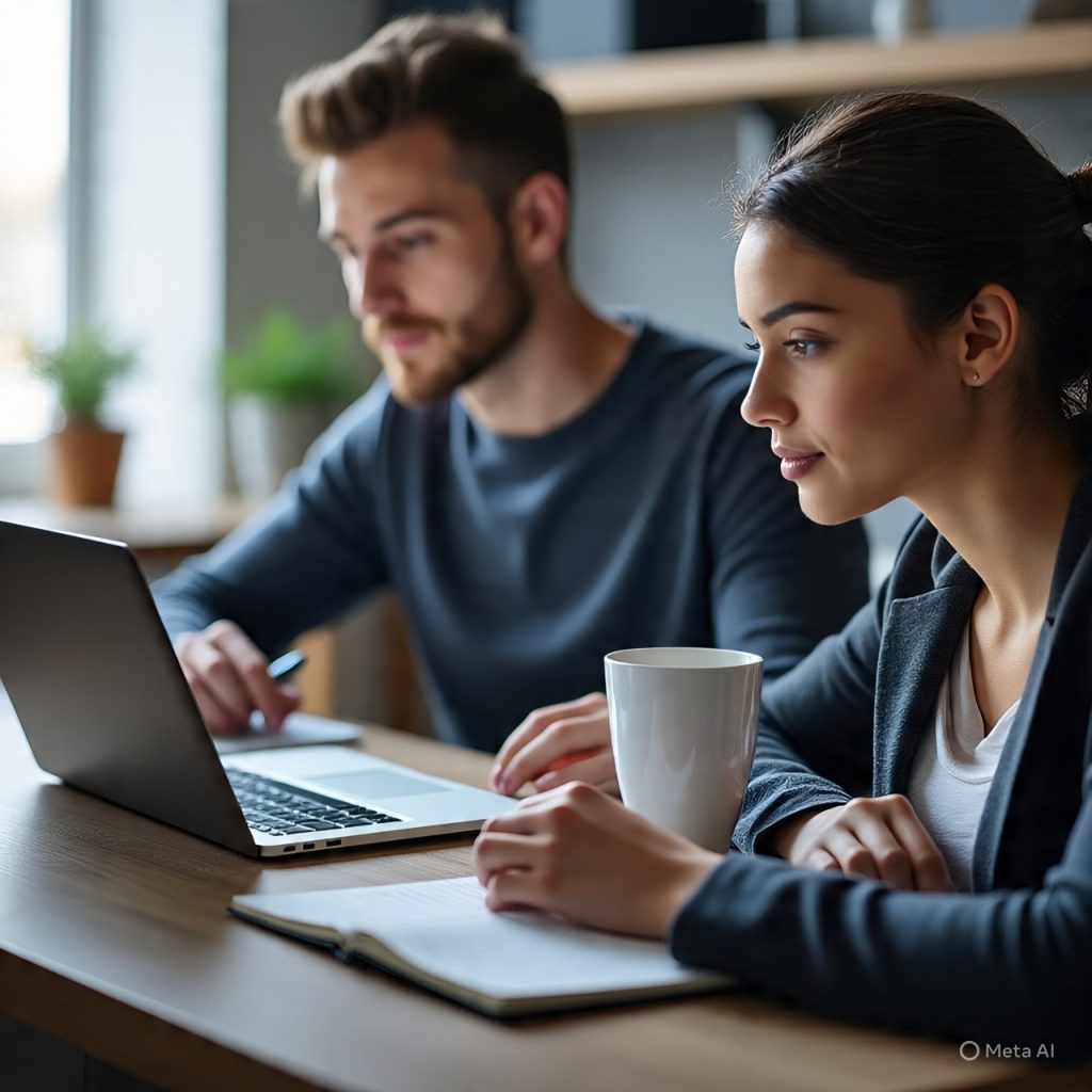 A realistic professional office environment showing a young professional working consistently at their desk over time. The scene is split into subtle phases of the day (morning, afternoon, evening) blending smoothly into one image, showing the same person focused, organized, and working with discipline. The desk is clean with a laptop, notebook, coffee mug, and calendar. Soft natural lighting from a window, warm tones, modern workspace, minimalistic design. The person looks calm, focused, and determined. Background slightly blurred with office elements like shelves and plants. Highly realistic, sharp details, cinematic lighting, depth of field, professional atmosphere.