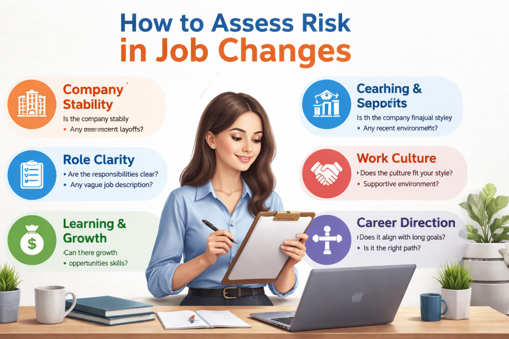 A digital infographic titled “How to Assess Risk in Job Changes” showing a young professional woman working at a desk with a laptop and clipboard. Around her are six labeled sections highlighting key risk factors: Company Stability, Role Clarity, Learning & Growth, Salary and Benefits, Work Culture, and Career Direction. Each section includes simple icons and short guiding questions to help evaluate job change decisions in a structured way.