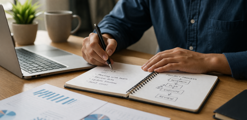 Close-up of a person writing notes in a notebook beside a laptop and coffee, with a visible project process diagram, highlighting focus and organized work planning.