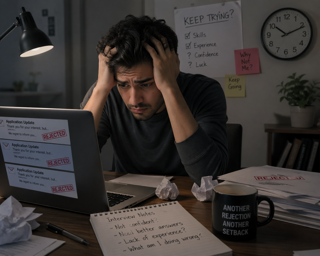 Repeated Rejections
A stressed young man sits at a desk, holding his head while looking at a laptop displaying multiple job rejection emails, with crumpled papers, notes, and a coffee mug around him, reflecting frustration and repeated interview setbacks.